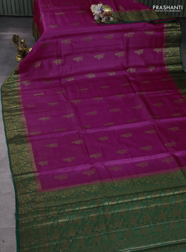 Banarasi tussar silk saree magenta pink and green with allover thread & zari woven buttas and woven border