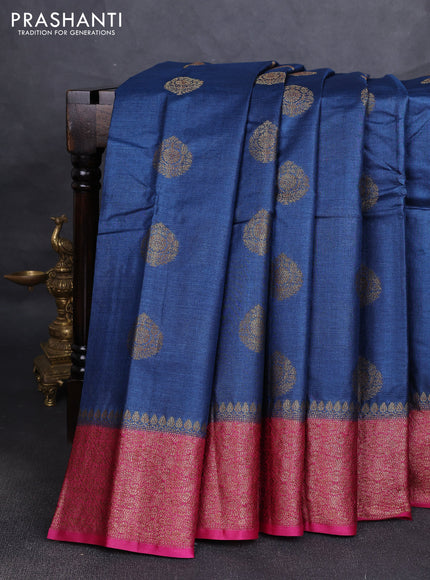 Banarasi tussar silk saree peacock blue and magenta pink with allover thread & zari woven buttas and woven border