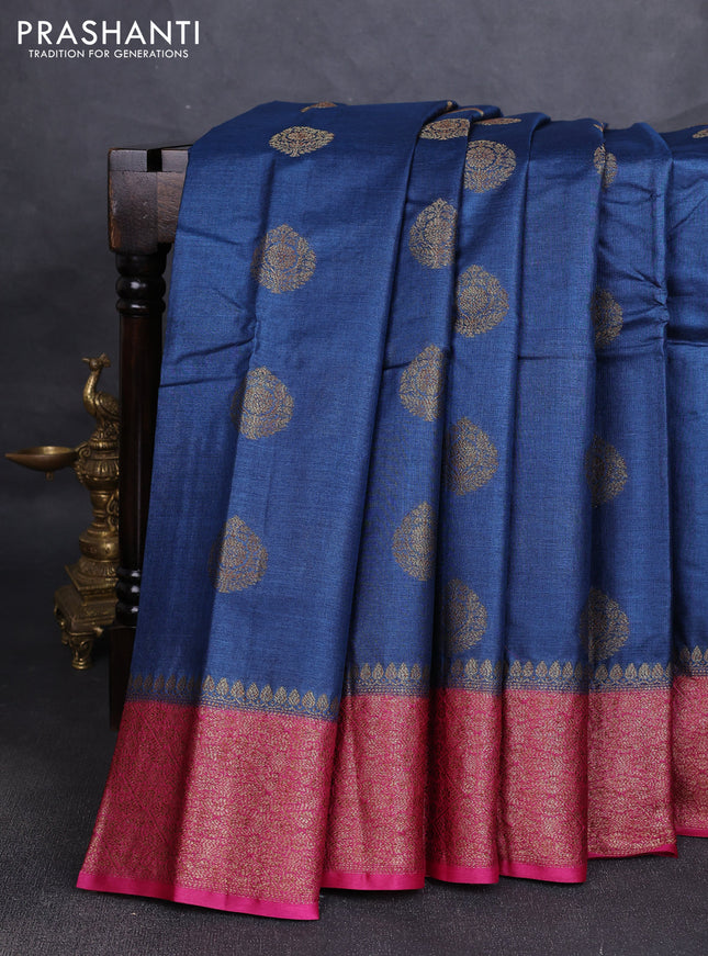 Banarasi tussar silk saree peacock blue and magenta pink with allover thread & zari woven buttas and woven border