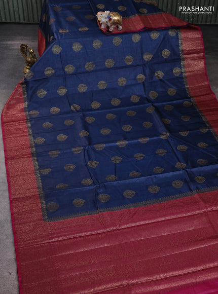 Banarasi tussar silk saree peacock blue and magenta pink with allover thread & zari woven buttas and woven border