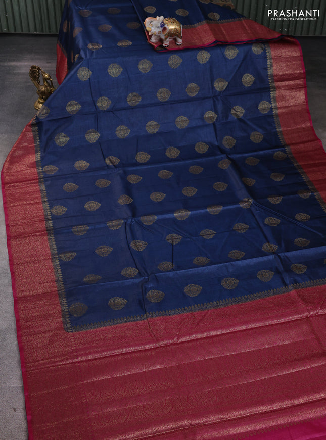 Banarasi tussar silk saree peacock blue and magenta pink with allover thread & zari woven buttas and woven border
