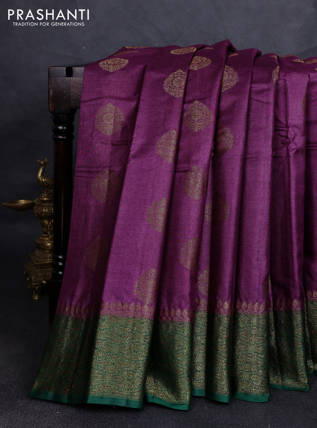 Banarasi tussar silk saree wine shade and green with allover thread & zari woven buttas and woven border