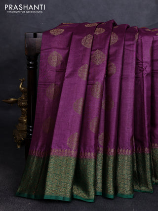 Banarasi tussar silk saree wine shade and green with allover thread & zari woven buttas and woven border