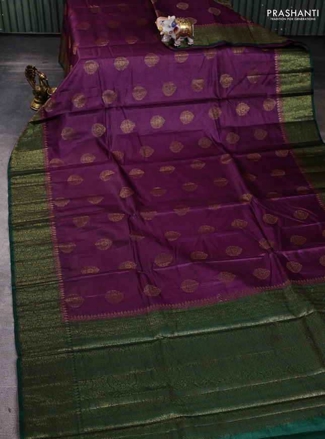 Banarasi tussar silk saree wine shade and green with allover thread & zari woven buttas and woven border