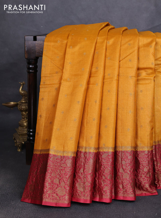Banarasi tussar silk saree mustard yellow and maroon with allover thread & zari woven buttas and long woven border