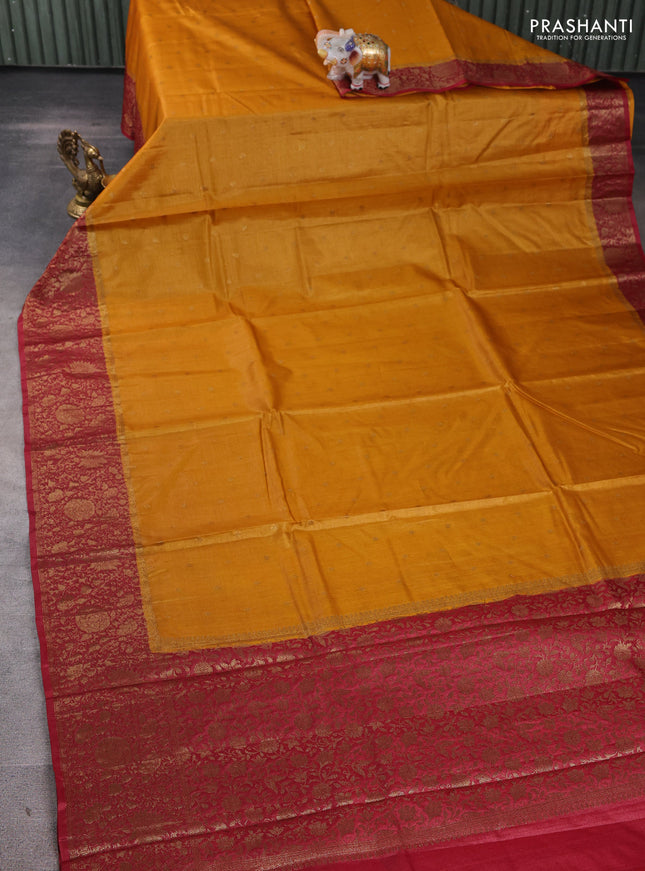 Banarasi tussar silk saree mustard yellow and maroon with allover thread & zari woven buttas and long woven border