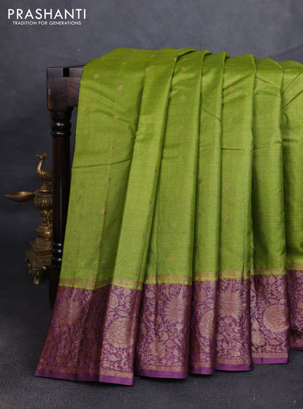 Banarasi tussar silk saree mehendi green and wine shade with allover thread & zari woven buttas and long woven border