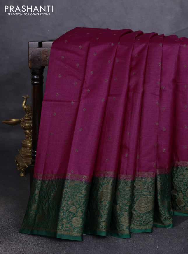 Banarasi tussar silk saree magenta pink and green with allover thread & zari woven buttas and long woven border