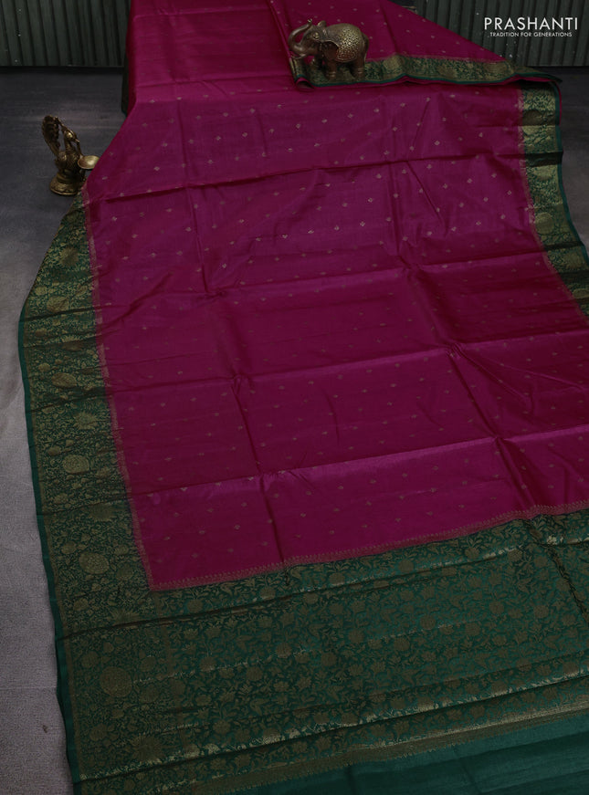 Banarasi tussar silk saree magenta pink and green with allover thread & zari woven buttas and long woven border