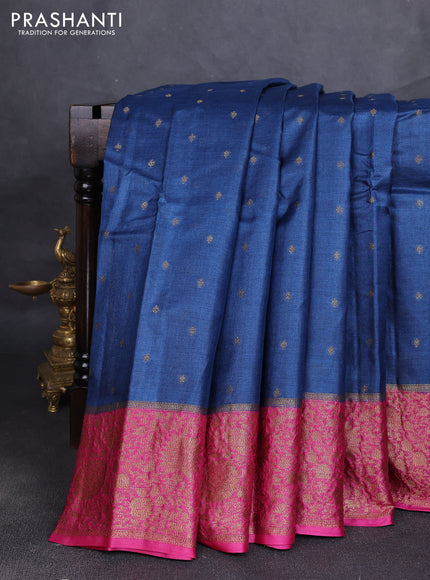 Banarasi tussar silk saree peacock blue and magenta pink with allover thread & zari woven buttas and long woven border