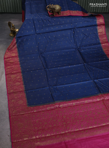 Banarasi tussar silk saree peacock blue and magenta pink with allover thread & zari woven buttas and long woven border