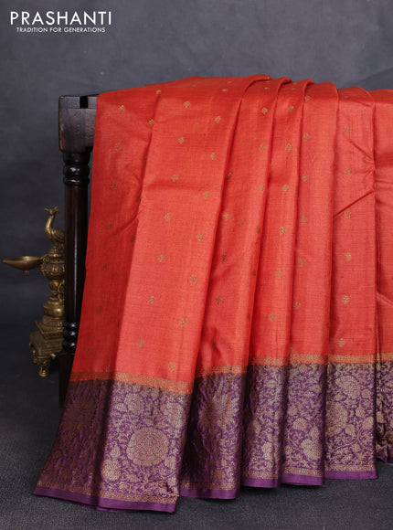Banarasi tussar silk saree rustic orange and wine shade with allover thread & zari woven buttas and woven border