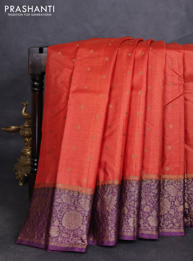 Banarasi tussar silk saree rustic orange and wine shade with allover thread & zari woven buttas and woven border