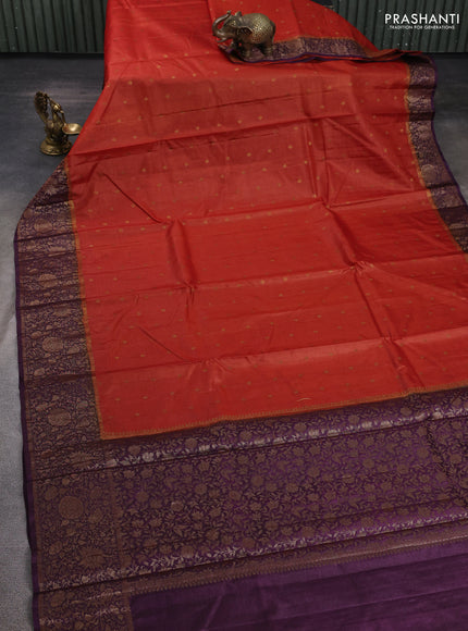 Banarasi tussar silk saree rustic orange and wine shade with allover thread & zari woven buttas and woven border
