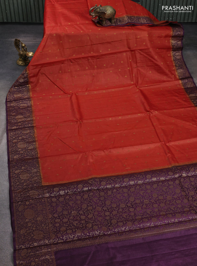 Banarasi tussar silk saree rustic orange and wine shade with allover thread & zari woven buttas and woven border