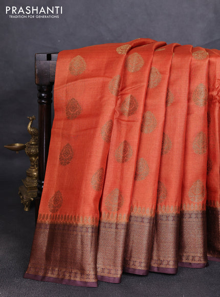 Banarasi tussar silk saree rustic orange and brown with allover thread & zari woven buttas and woven border