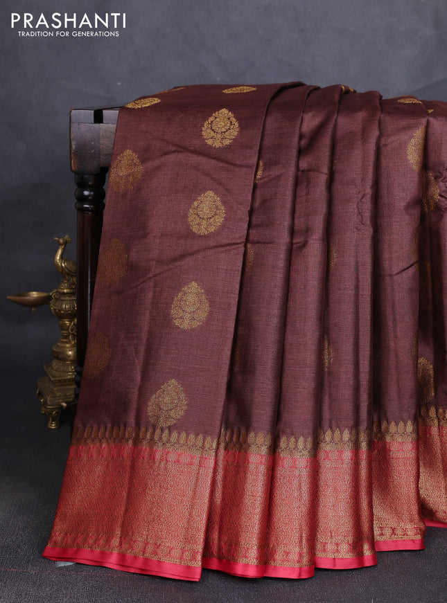 Banarasi tussar silk saree brown and maroon with allover thread & zari woven buttas and woven border
