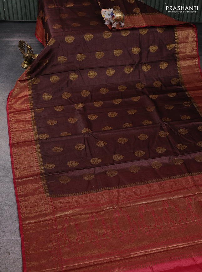 Banarasi tussar silk saree brown and maroon with allover thread & zari woven buttas and woven border