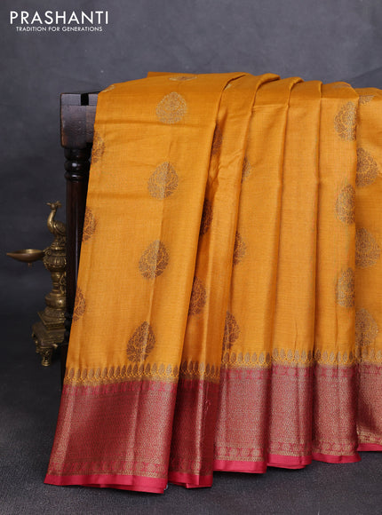Banarasi tussar silk saree mustard yellow and maroon with allover thread & zari woven buttas and woven border