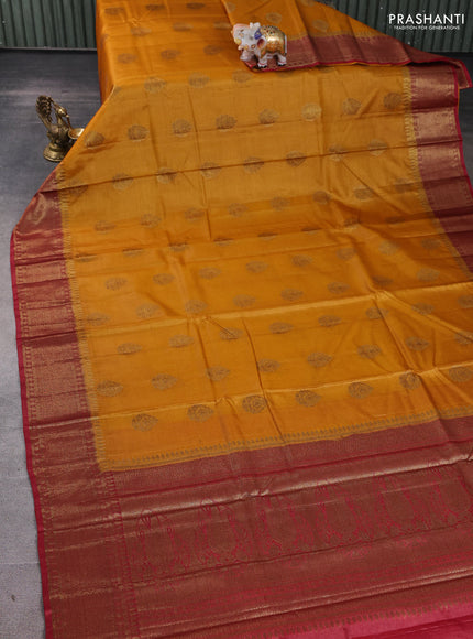 Banarasi tussar silk saree mustard yellow and maroon with allover thread & zari woven buttas and woven border