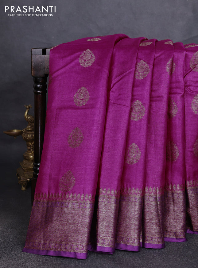 Banarasi tussar silk saree magenta pink and purple with allover thread & zari woven buttas and woven border