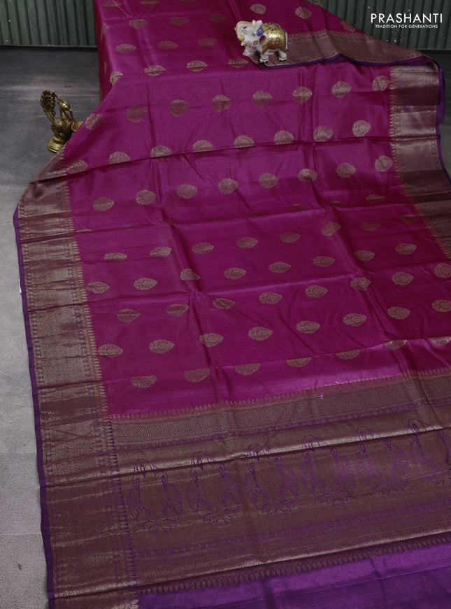 Banarasi tussar silk saree magenta pink and purple with allover thread & zari woven buttas and woven border