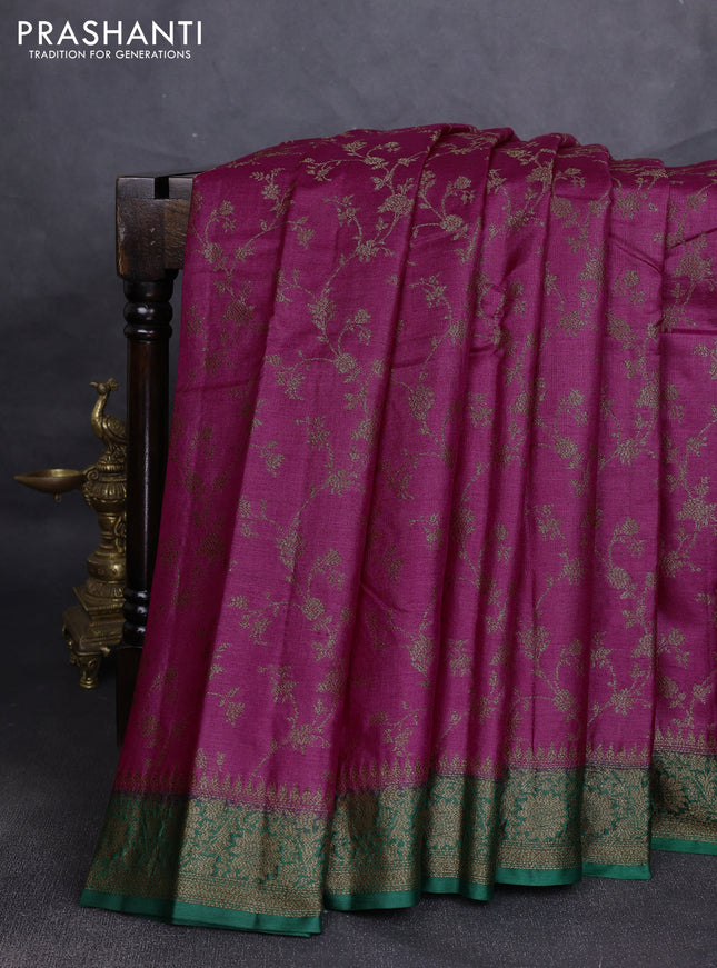 Banarasi tussar silk saree magenta pink and green with allover thread & zari weaves and woven border