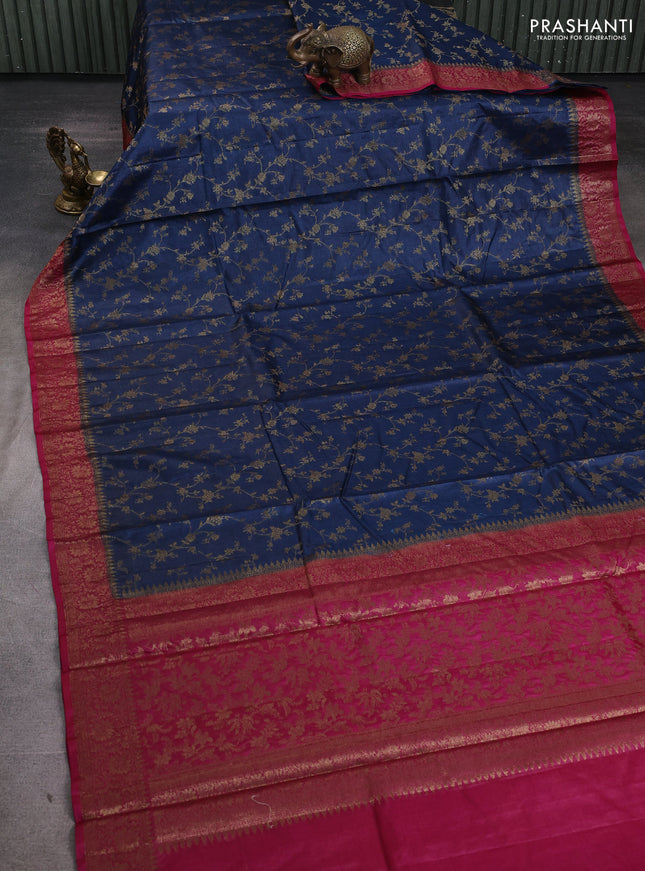 Banarasi tussar silk saree peacock blue and magenta pink with allover thread & zari weaves and woven border