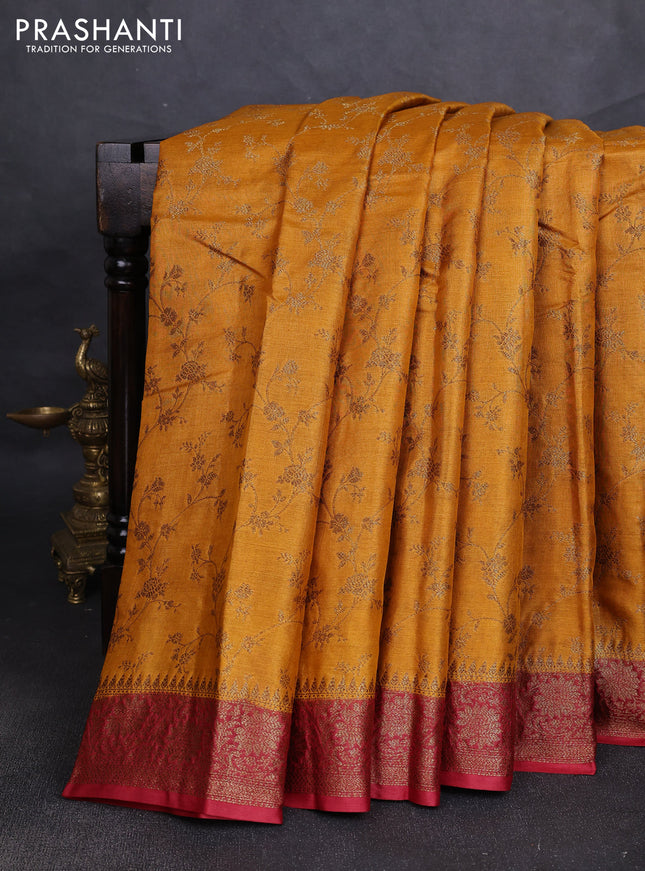 Banarasi tussar silk saree mustard yellow and maroon with allover thread & zari weaves and woven border