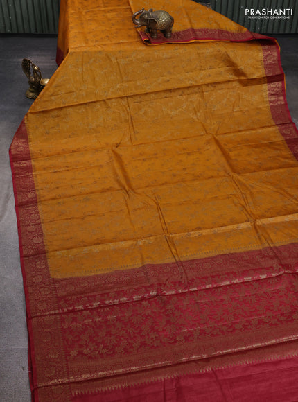 Banarasi tussar silk saree mustard yellow and maroon with allover thread & zari weaves and woven border
