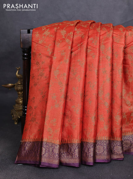 Banarasi tussar silk saree rustic orange and wine shade with allover thread & zari weaves and woven border