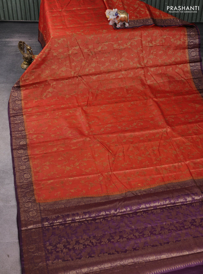 Banarasi tussar silk saree rustic orange and wine shade with allover thread & zari weaves and woven border