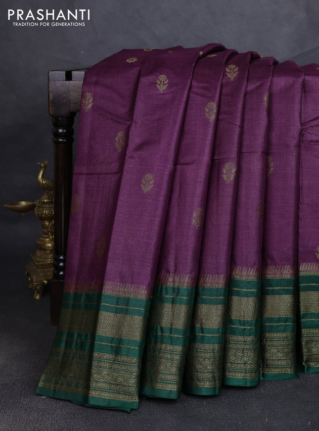 Banarasi tussar silk saree wine shade and green with allover thread & zari woven buttas and long woven border