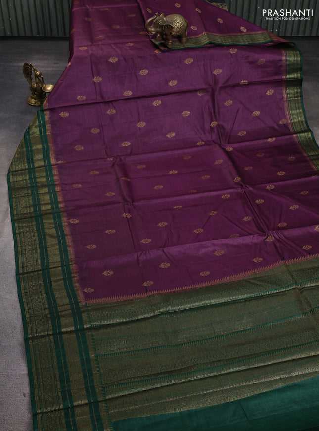 Banarasi tussar silk saree wine shade and green with allover thread & zari woven buttas and long woven border