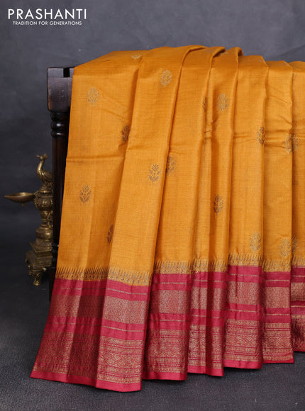 Banarasi tussar silk saree mustard yellow and maroon with allover thread & zari woven buttas and long woven border