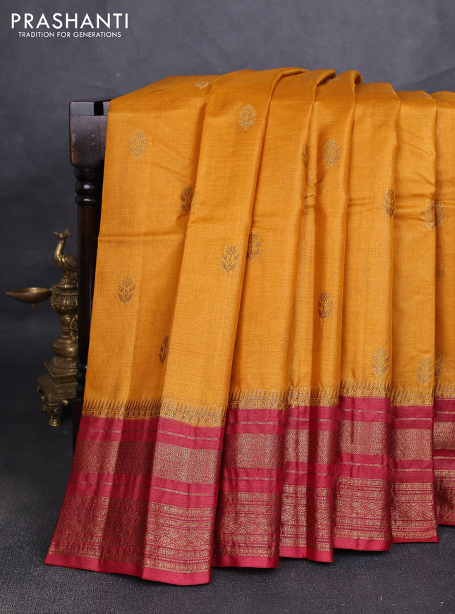 Banarasi tussar silk saree mustard yellow and maroon with allover thread & zari woven buttas and long woven border