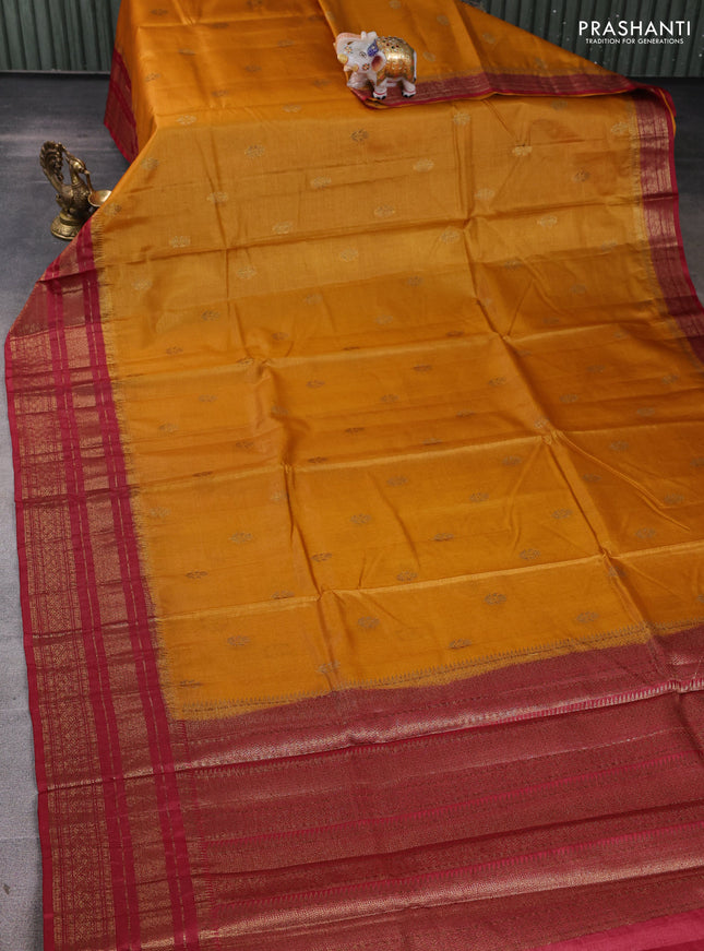 Banarasi tussar silk saree mustard yellow and maroon with allover thread & zari woven buttas and long woven border