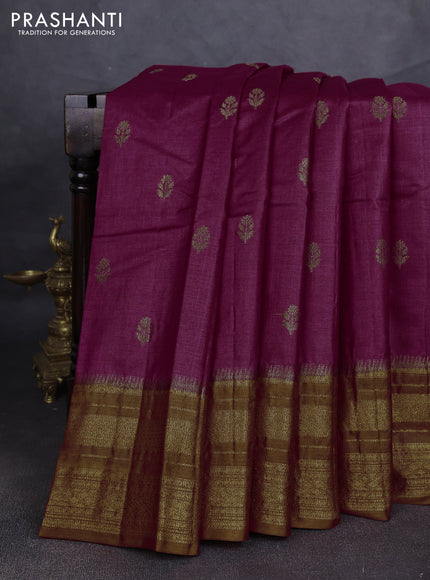 Banarasi tussar silk saree magenta pink and rustic orange with allover thread & zari woven buttas and long woven border