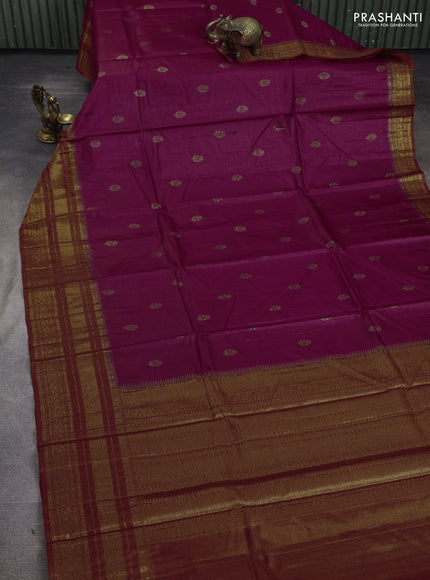 Banarasi tussar silk saree magenta pink and rustic orange with allover thread & zari woven buttas and long woven border