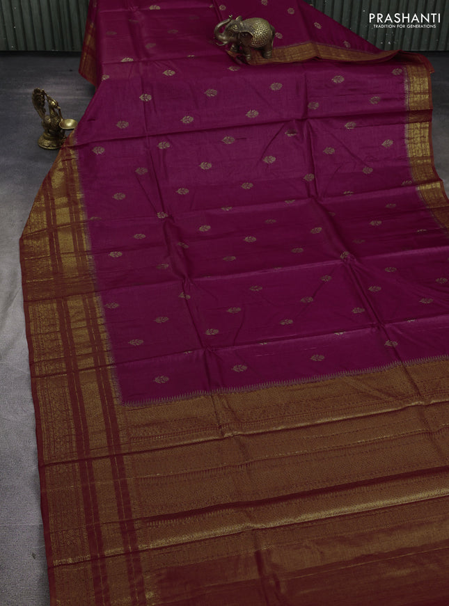 Banarasi tussar silk saree magenta pink and rustic orange with allover thread & zari woven buttas and long woven border