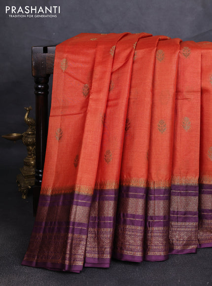 Banarasi tussar silk saree rustic orange and wine shade with allover thread & zari woven buttas and long woven border