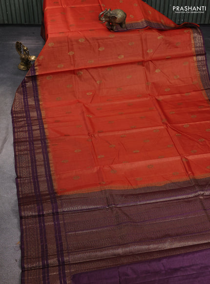 Banarasi tussar silk saree rustic orange and wine shade with allover thread & zari woven buttas and long woven border