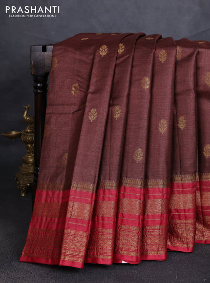 Banarasi tussar silk saree brown and maroon with allover thread & zari woven buttas and long woven border