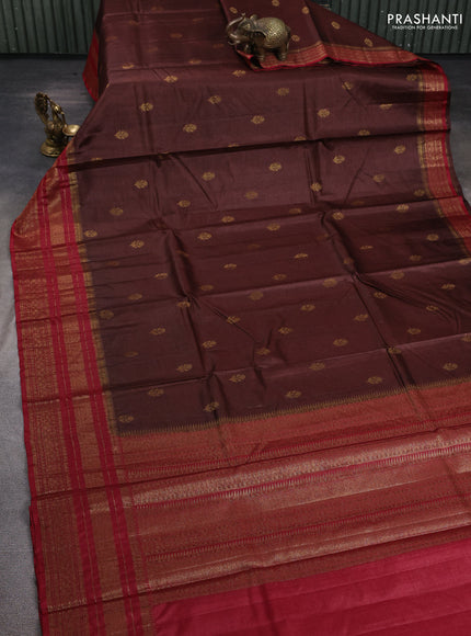 Banarasi tussar silk saree brown and maroon with allover thread & zari woven buttas and long woven border