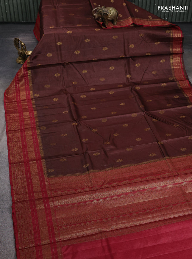 Banarasi tussar silk saree brown and maroon with allover thread & zari woven buttas and long woven border