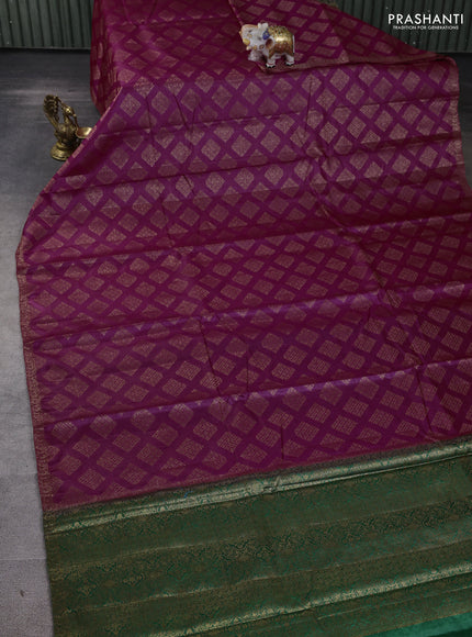 Banarasi tussar silk saree magenta pink and green with allover thread & zari woven geomatric buttas and small woven border
