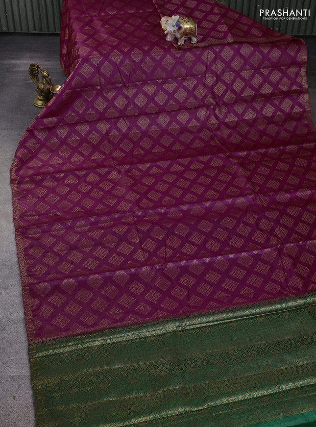 Banarasi tussar silk saree magenta pink and green with allover thread & zari woven geomatric buttas and small woven border