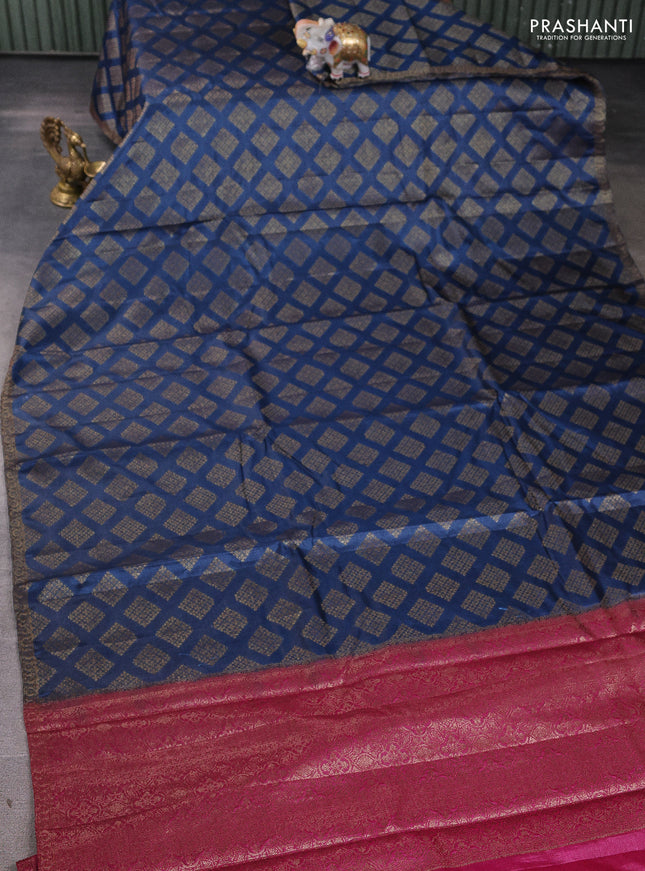 Banarasi tussar silk saree peacock blue and magenta pink with allover thread & zari woven geomatric buttas and small woven border