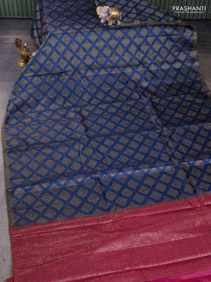 Banarasi tussar silk saree peacock blue and magenta pink with allover thread & zari woven geomatric buttas and small woven border