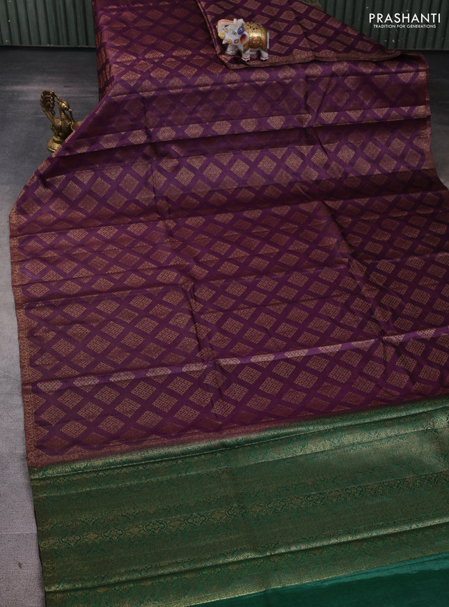 Banarasi tussar silk saree wine shade and green with allover thread & zari woven geomatric buttas and small woven border